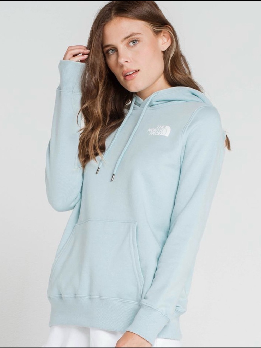 THE NORTH FACE Box Logo Hoodie Light Blue Never Stop Exploring Womens XXL
